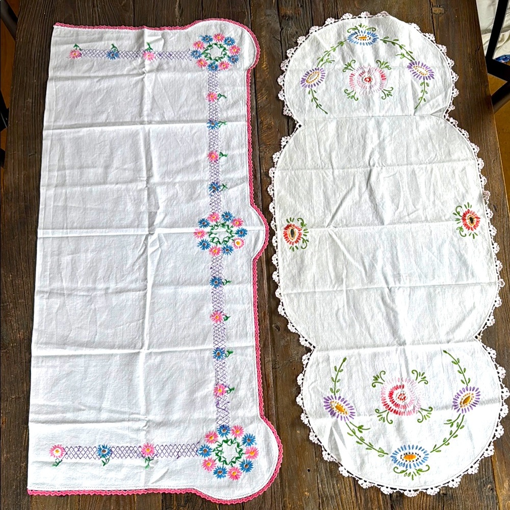 Vintage white cotton embroidered and crocheted table runner pair
